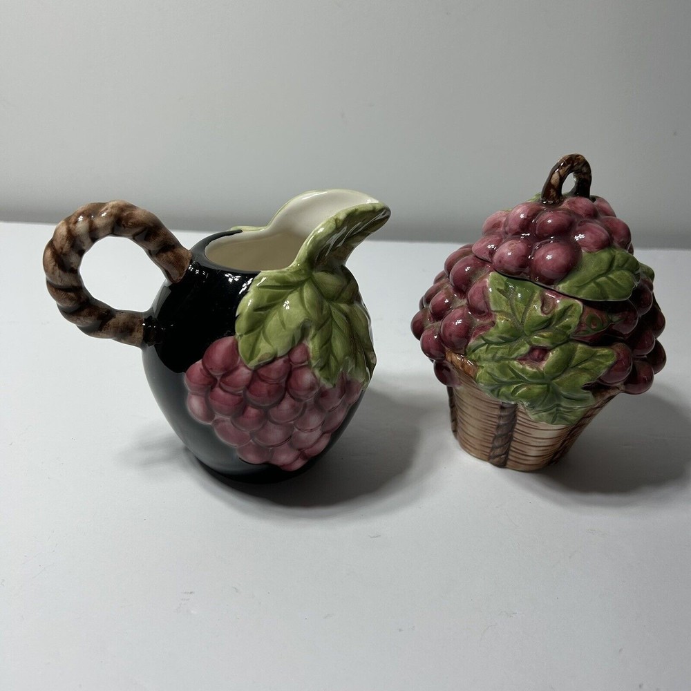 Young’s Heartfelt Kitchen Creations Grapes on black Set of Creamer And Sugar